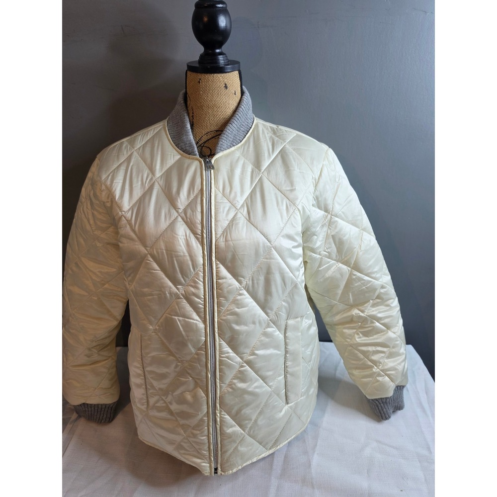 Marc New York Andrew Marc Quilted Bomber Jacket Ivory Grey Ribbed Trim Large